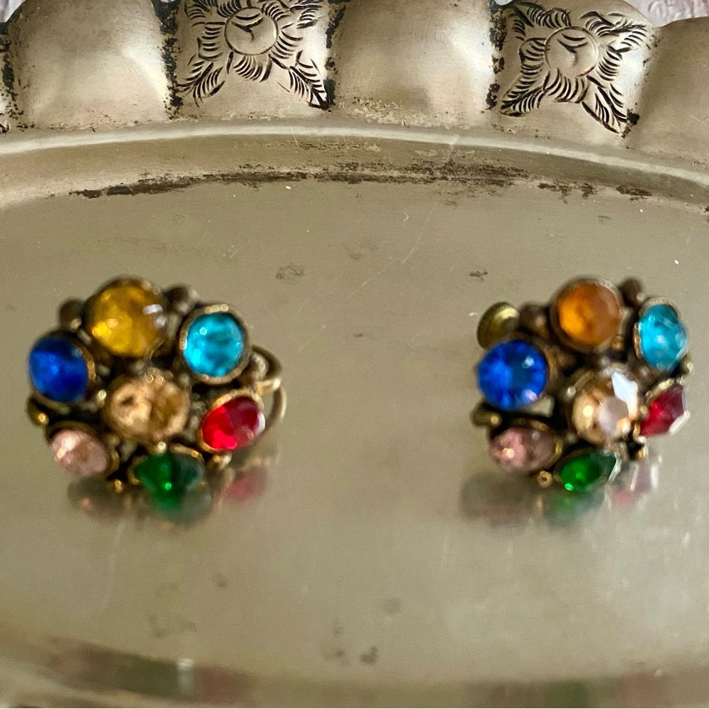 Vintage Multicolor Rhinestone Button Earrings – Screw Back